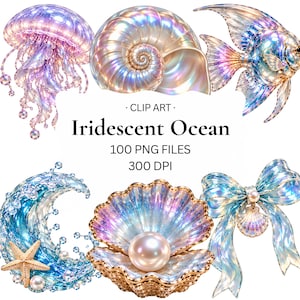 Peut inclure: Une collection numérique de clip art sur le thème de l'océan irisé comprenant une méduse, un coquillage, un poisson, une vague avec une étoile de mer, une palourde ouverte avec une perle et un nœud. Texte : CLIP ART, Iridescent Ocean, 100 PNG FILES, 300 DPI.