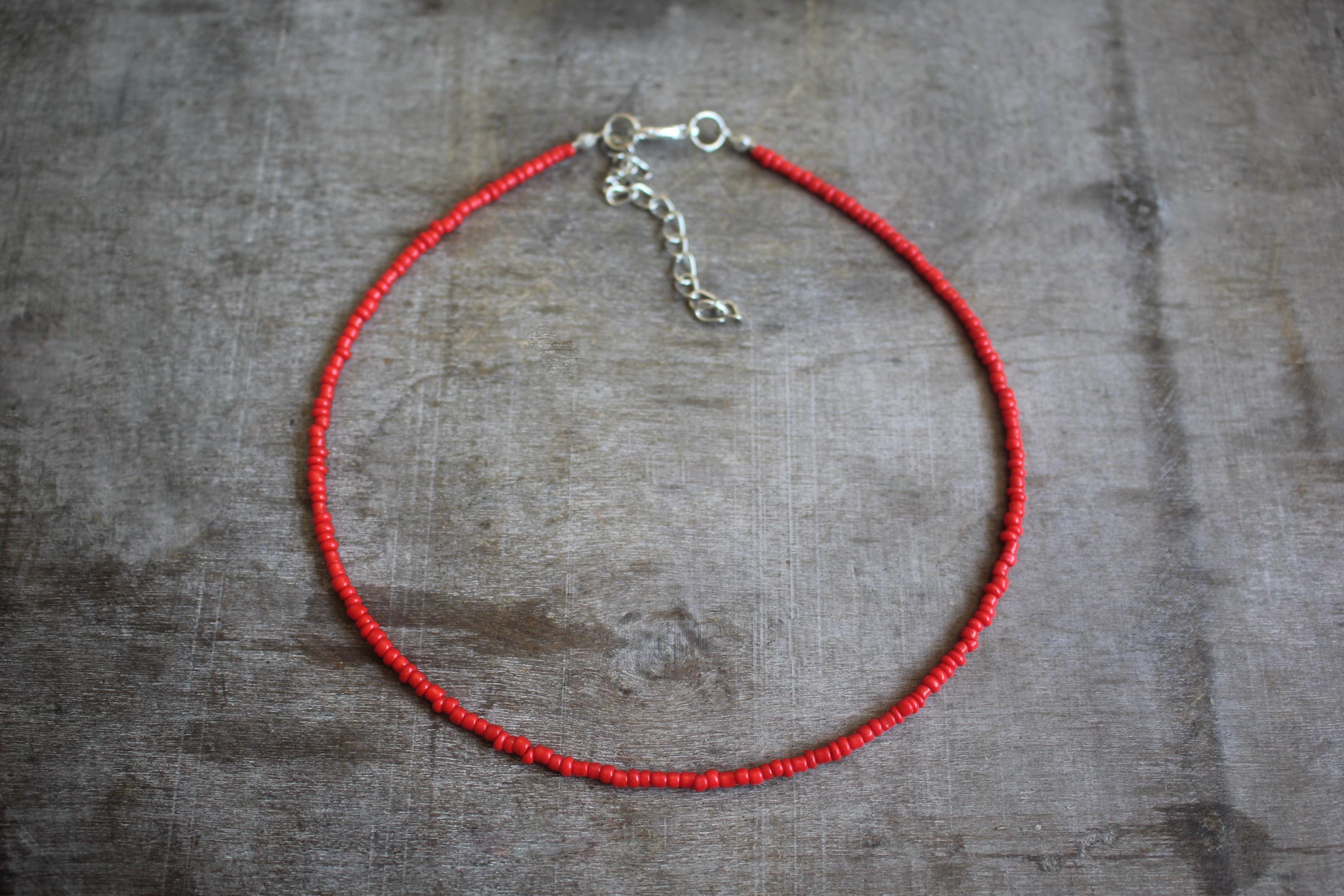 Red Glass 2 mm Seed Beaded Choker | Jewelry Necklace | Handmade | Gift Present | Summer Bohemian Beach Fashion Cute | CS-118