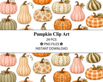 Paquete de 24 imágenes prediseñadas de calabazas / Acuarela Otoño / Archivos PNG / PNG transparente / Uso comercial