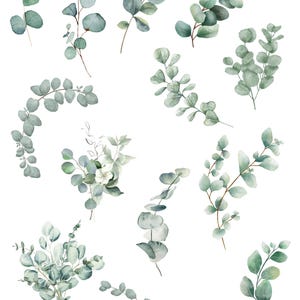May include: A collection of watercolor illustrations featuring various eucalyptus branches and leaves in shades of sage green, blue-green, and muted gray. The set includes individual stems, curved sprigs, and small clusters of foliage on a white background.