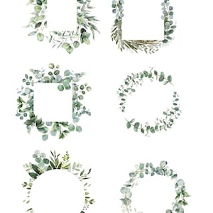 May include: A collection of six watercolor frames featuring various arrangements of green eucalyptus leaves and foliage. The set includes rectangular, circular, and open-ended wreath designs, all showcasing shades of sage, forest, and olive green.