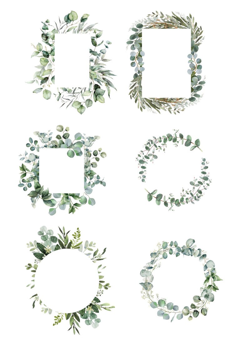May include: A collection of six watercolor frames featuring various arrangements of green eucalyptus leaves and foliage. The set includes rectangular, circular, and open-ended wreath designs, all showcasing shades of sage, forest, and olive green.