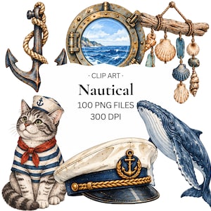Puede incluir: Una colección de imágenes prediseñadas náuticas que incluye un ancla de metal con cuerda, un ojo de buey con vista al mar, un móvil de madera flotante con conchas, un gato atigrado con traje de marinero, una gorra de capitán y una ballena azul.