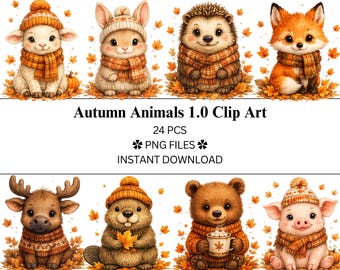 Paquete de 24 imágenes prediseñadas de animales de otoño 1.0 / Kawaii Cute / Archivos PNG / PNG transparente / Uso comercial
