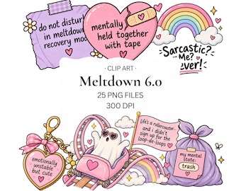 Puede incluir: Una colección de imágenes digitales titulada Meltdown 6.0 con 25 archivos PNG a 300 DPI. Las ilustraciones incluyen una nota morada, un corazón rosa con una tirita, un arcoíris, un fantasma en una montaña rusa y una bolsa de basura con textos.