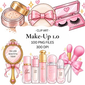 May include: Digital illustration of makeup products including a powder container, a powder puff with a pink bow, false eyelashes in a pink case, a hand mirror with the text YOU LOOK BEAUTIFUL TODAY, lip glosses, and makeup brushes with pink bows.