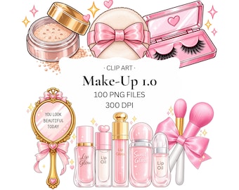 May include: Digital illustration of makeup products including a powder container, a powder puff with a pink bow, false eyelashes in a pink case, a hand mirror with the text YOU LOOK BEAUTIFUL TODAY, lip glosses, and makeup brushes with pink bows.
