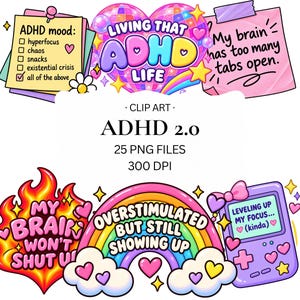 Può includere: Una collezione di clip art digitali intitolata ADHD 2.0 con 25 file PNG. Le grafiche includono una lista di controllo gialla, un foglietto rosa con testo, un cuore disco, una fiamma con testo, un arcobaleno con nuvole e una console portatile.