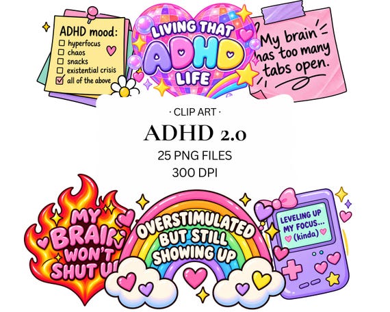 25 pcs Aesthetic ADHD Bundle 2.1 | PNG Files | Transparent Background | Commercial Use | SALE