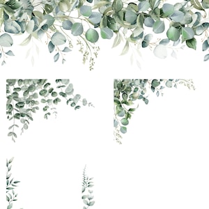 May include: A collection of watercolor illustrations featuring eucalyptus branches and leaves in various shades of green and sage. The set includes a horizontal border arrangement and four distinct corner designs with foliage on a white background.