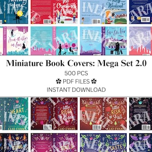 Pode incluir: Uma coleção de capas de livros em miniatura com vários designs e títulos. As capas apresentam ilustrações e texto, incluindo títulos como "Nothing to Lose" e "The Christmas Catch". O texto "Miniature Book Covers: Mega Set 2.0" também é visível.