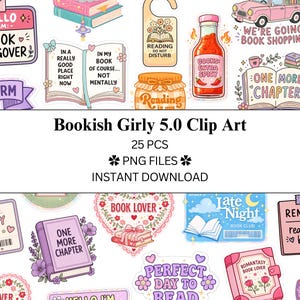 Puede incluir: Una colección de 25 pegatinas digitales con ilustraciones temáticas de libros, que incluyen un coche rosa, libros abiertos, una botella de salsa picante, tarjetas de biblioteca y diseños de corazones florales con textos como Book Hungover.