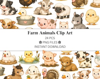 Paquete de 24 imágenes prediseñadas de animales de granja / Archivos PNG / PNG transparente / Uso comercial