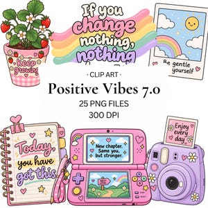 Może przedstawiać: Cyfrowa kolekcja grafik clip art zatytułowana Positive Vibes 7.0 zawierająca 25 plików PNG. Ilustracje przedstawiają krzak truskawki w różowej doniczce, tęczę, polaroida, notatnik spiralny, różową konsolę do gier oraz fioletowy aparat fotograficzny.