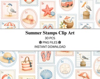 Paquete de 30 imágenes prediseñadas de sellos postales de verano / Archivos PNG / PNG transparente / Uso comercial