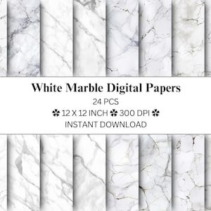 May include: A collection of 24 white marble digital papers featuring various grey and gold veining patterns. The text reads White Marble Digital Papers, 24 PCS, 12 X 12 INCH, 300 DPI, INSTANT DOWNLOAD. Each sheet displays a unique stone texture.