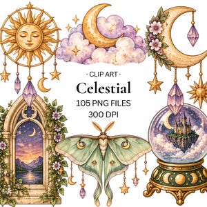 Op de afbeelding: Een digitale clip art collectie getiteld Celestial 105 PNG FILES 300 DPI met een zon met een gezicht, een maansikkel met wolken, een bloemrijke maan met kristallen, een stenen boog met landschap, een groene nachtvlinder en een glazen bol met kasteel.