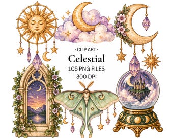 May include: A digital clip art collection titled Celestial 105 PNG FILES 300 DPI featuring a sun with a face, a crescent moon with clouds, a floral moon with crystals, a stone archway with a landscape, a green moth, and a crystal ball with a castle.