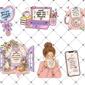 May include: A collection of six digital illustrations featuring a heart-shaped mirror with text, a laptop with books and pens, a pink rotary phone with a note, an open window with a cat and flowers, a person holding a mug, and a smartphone with text.