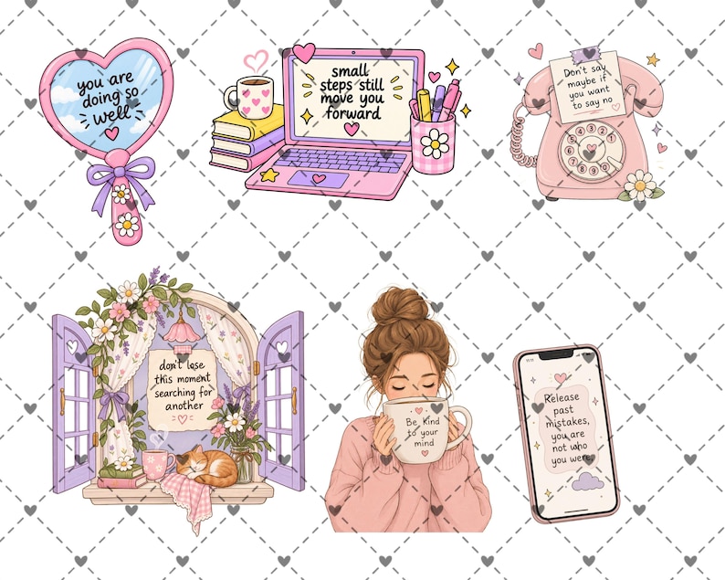 May include: A collection of six digital illustrations featuring a heart-shaped mirror with text, a laptop with books and pens, a pink rotary phone with a note, an open window with a cat and flowers, a person holding a mug, and a smartphone with text.