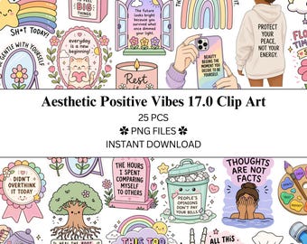 Paquete de 25 imágenes prediseñadas con estética y vibraciones positivas (17.0 / Archivos PNG / PNG transparente / Uso comercial / Positividad)