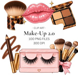 Könnte beinhalten: Digitale Illustration von Make-up-Artikeln, darunter ein Pinsel mit Leopardenmuster, glänzende rosa Lippen, eine Lidschattenpalette, ein brauner Eyeliner, ein rosa Wimpernetui und Pinsel mit einer rosa Schleife. Text: CLIP ART Make-Up 2.0 100 PNG FILES 300 DPI.