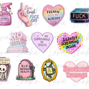 May include: A collection of eleven colorful stickers featuring various designs including a spray bottle labeled Drama Repellent, a hand gesture, hearts with text like Freakin Kill Me Already, a digital clock, a stack of books, and a skull in a coffin.