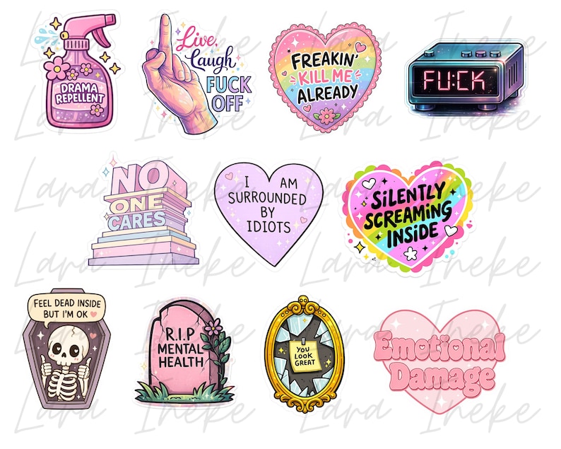 May include: A collection of eleven colorful stickers featuring various designs including a spray bottle labeled Drama Repellent, a hand gesture, hearts with text like Freakin Kill Me Already, a digital clock, a stack of books, and a skull in a coffin.