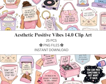 Paquete de 25 imágenes prediseñadas con estética y vibras positivas 14.0 / Archivos PNG / PNG transparente / Uso comercial / Positividad