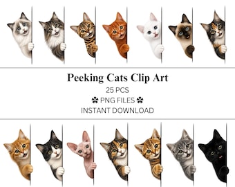 Paquete de 25 gatos asomándose / Archivos PNG / PNG transparente / Uso comercial