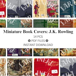 May include: A collage of 14 miniature book covers featuring the Harry Potter series by J.K. Rowling. The covers are colorful and feature various illustrations from the books. The text "Miniature Book Covers: J.K. Rowling" and "14 PCS" are displayed at the top of the image. The text "PDF FILES" and "INSTANT DOWNLOAD" are displayed at the bottom of the image.