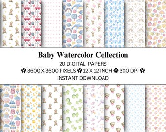Baby Watercolor Collection PDF Printable Papers | Digital Files Instant Download | Floral Scrapbooking | Bullet Journal | Pink Blue