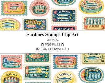 Paquete de 30 imágenes prediseñadas de sellos postales de sardinas 1.0 / Archivos PNG / PNG transparente / Uso comercial