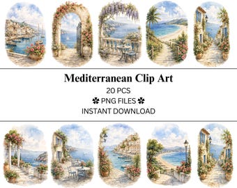 Paquete de 20 imágenes prediseñadas mediterráneas / Verano tropical junto al mar / Archivos PNG / PNG transparente / Uso comercial