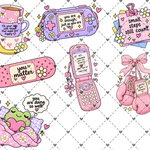 May include: A collection of stickers featuring a stack of mugs, a handheld game console, a notepad with text, a bandage, a flip phone, boxing gloves, and a frog in bed. Each item includes motivational text like you are enough and you matter.