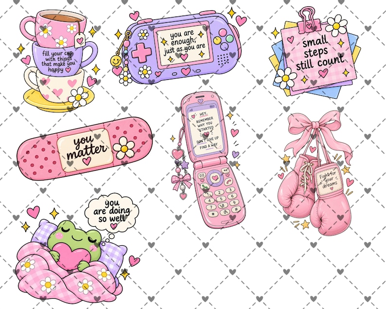 May include: A collection of stickers featuring a stack of mugs, a handheld game console, a notepad with text, a bandage, a flip phone, boxing gloves, and a frog in bed. Each item includes motivational text like you are enough and you matter.
