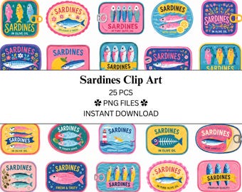 Paquete de 25 imágenes prediseñadas de sardinas 2.0 / Retro / Archivos PNG / PNG transparente / Uso comercial