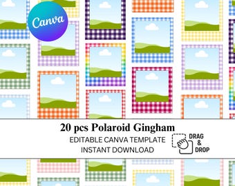 20 pcs Gingham Polaroid Photo Canva Template | Drag & Drop Design