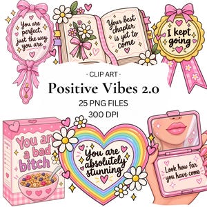 May include: A digital collection of illustrations featuring a pink hand mirror with text, an open book with flowers and text, a gold award ribbon, a cereal box with a bowl of cereal, a rainbow heart with text, and a compact mirror with text.