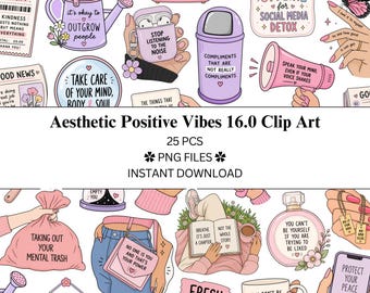 Paquete de 25 imágenes prediseñadas con estética y vibraciones positivas (16.0 / Archivos PNG / PNG transparente / Uso comercial / Positividad)