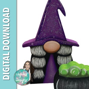 Halloween Witch Gnome, digital download, line drawing