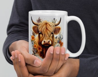 Highland Kuh mit Blumen, Weiße glänzende Tasse