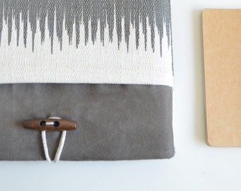 Modern Laptop Sleeve - Gray Faux Suede with Patterned Pocket, Made to Order