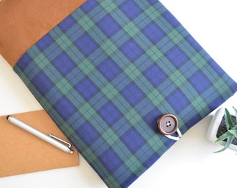 iPad Sleeve 10.9" 11" 12.9 Pro / Air / Mini Case Vegan Tablet Sleeve - Hunter Tartan Plaid and Faux Suede