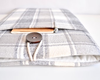 Flannel Kindle Sleeve, Plaid eReader or Tablet Case Cover, Gray and Beige Plaid Padded Handmade Kindle Cover