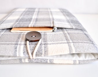 Handmade Flannel Kindle Sleeve, Gray Plaid eReader Case