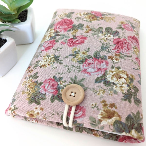 Kindle Sleeve,  Vintage Rose on Pink Natural Flax,  Padded, Custom Size eReader, Oasis, Paperwhite,  Kobo Clara, Libra, Forma Pouch Case