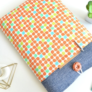 Handmade iPad Case with Retro Mod Floral Pocket & Navy Linen Blend | Custom Fit for Your Device