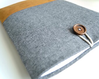 Handmade Charcoal Linen Tablet Sleeve, Faux Suede Leather Bottom