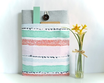 Custom Laptop Sleeve: Gray Linen with Coral & Mint Pocket (Fits All Sizes)